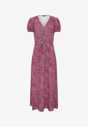 Rode wikkeljurk met korte pofmouwen, bloemen- en geometrisch patroon, taillestrik en V-hals, van knie tot enkel lengte.