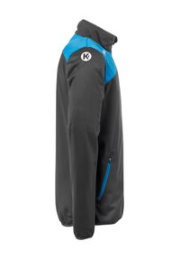 Grijze jas met blauwe accenten op de schouders, hoge kraag en zijrits. Heeft een gladde textuur en een zichtbaar logo op de linkermouw.