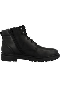 Botas de cuero negras hasta el tobillo con punta redonda, cordones en la parte delantera y cremallera lateral. La suela resistente proporciona tracción y estabilidad.