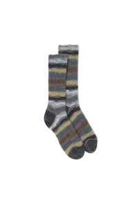 Gestreifte Socken in Grau-, Braun- und Gelbtönen. Hergestellt aus einem weichen, strukturierten Material mit gerippten Bündchen und verstärkten Zehen- und Fersenbereichen.
