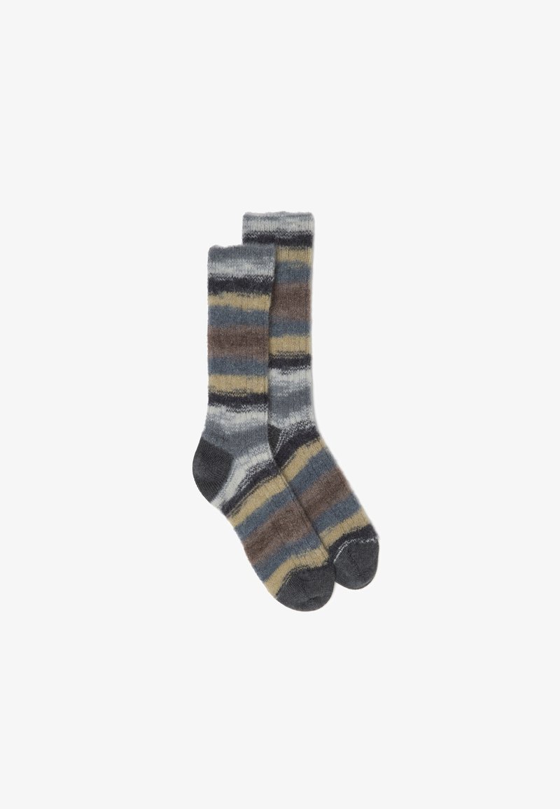 Gestreifte Socken in Grau-, Braun- und Gelbtönen. Hergestellt aus einem weichen, strukturierten Material mit gerippten Bündchen und verstärkten Zehen- und Fersenbereichen.