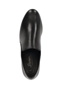 Chaussure noire en cuir à enfiler avec un bout arrondi, texture lisse et design minimaliste. Présente une semelle intérieure rembourrée pour le confort.