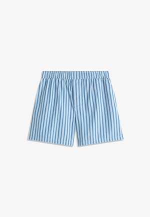 Blauwe en witte korte broek met verticale strepen en een rekbare tailleband, losvallend en plat gelegd op een witte achtergrond.