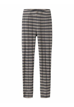 Pantalon droit à motif à carreaux gris et beige avec une taille élastique et des ourlets retroussés sur fond blanc.