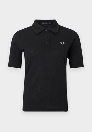 Polo noir à manches courtes avec trois boutons, un col et un petit logo laurier blanc sur le côté gauche de la poitrine.