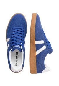 Blue suede sneakers with white side stripes, textured surface, flat gum sole, and blue laces. Interior features branding details.