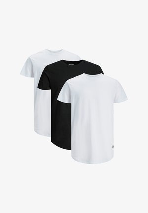 Tre t-shirt a manica corta con colletto tondo: una nera e due bianche. Tutte sono realizzate in morbido cotone, con orlo dritto e branding minimale.