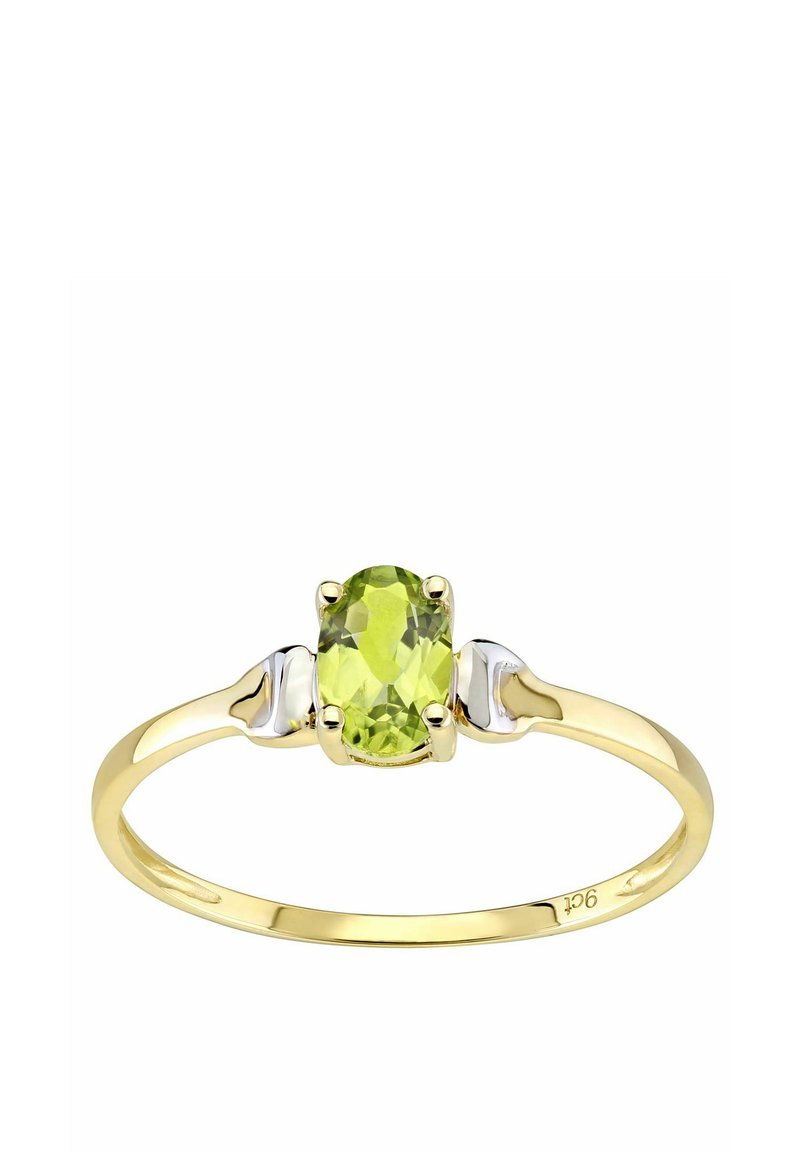 Goldring mit einem ovalen Peridotstein, flankiert von glatten silbernen Akzenten auf einem dünnen Band. Die Fassung ist poliert mit einer glänzenden Oberfläche.