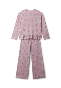 Roze pyjama-set met een lange mouwen top en brede pijpen. Bevat kleine wijnrode stippen en een ruches onderaan de top. Zachte stof.