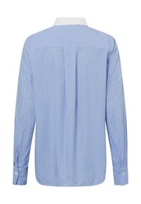 Blue striped long-sleeve shirt featuring a white collar, cotton material, back pleat detail, and buttoned cuffs with matching stripe pattern.