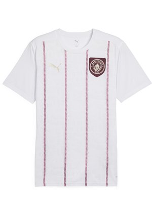 Weißes Fußballtrikot mit kurzen Ärmeln, das vertikale weinrote Streifen, ein weinrotes Emblem und ein goldenes Puma-Logo auf der oberen Brust trägt.