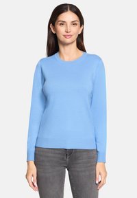 Pull en tricot bleu clair à manches longues avec un col rond, présentant un ourlet et des poignets côtelés, fabriqué à partir d'un matériau doux et texturé.