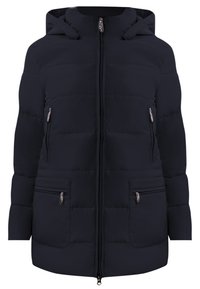 Marinblå quiltad vinterjacka med huva, framzipper och fyra fickor med dragkedja, designad för värme och avslappnad användning.
