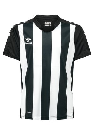 Sort-hvid stribet kortærmet sportstrøje lavet af let og åndbart stof; har en v-hals og logo på forsiden.