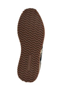 Podeszwa buta z falistym wzorem bieżnika w brązowej gumie, z nazwą marki "Napapijri" wytłoczoną na środku.