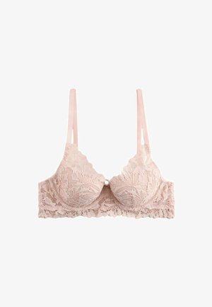 Kanten bh in zacht roze met golvende randen. Heeft een bloemenpatroon en verstelbare bandjes, met een decoratieve strik in het midden.