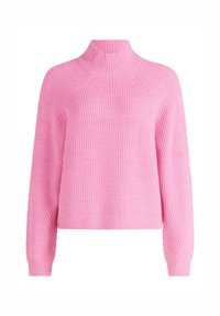 Roze gebreide trui met een hoge hals en ribgebreide textuur. Voorzien van lange mouwen en een relaxte pasvorm, ontworpen met raglan schoudernaden.