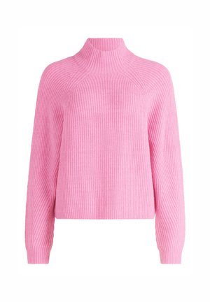Ružový pletený sveter s vysokým golierom a rebrovanou textúrou. Má dlhé rukávy a voľný strih, navrhnutý s raglánovými ramennými švami.