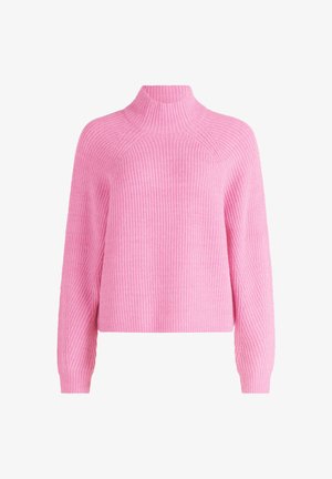 Ružový pletený sveter s vysokým golierom a rebrovanou textúrou. Má dlhé rukávy a voľný strih, navrhnutý s raglánovými ramennými švami.