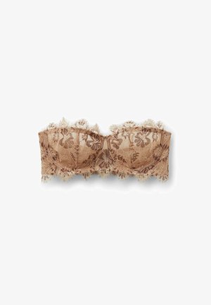 Bandeau-BH aus Spitze in nude mit floralem Muster, gewellten Kanten, Bügelunterstützung und einer weichen, strukturierten Oberfläche.