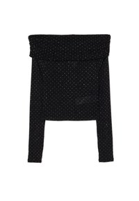 Top lungo a maniche lunghe nero a coste con un ampio scollo off-the-shoulder, caratterizzato da motivi a pois argentati distribuiti su tutta la stoffa.