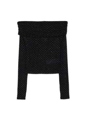 Black ribbed long-sleeve top with a wide off-the-shoulder neckline, featuring silver dot patterns throughout the fabric.