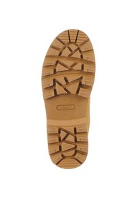 Tan rubber boot sole with deep tread pattern for traction, featuring branding and embossed grip details. Textured finish on the surface.