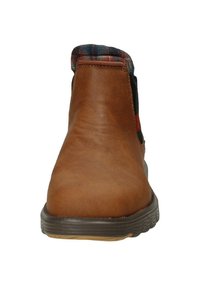 Bottines en cuir marron avec un col en textile à carreaux, bout rond et semelle en caoutchouc texturée. Design simple et fonctionnel avec un accent minimal.