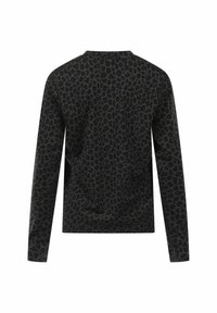 Schwarzes Langarmshirt mit einem strukturierten Leopardenmuster. Es hat einen runden Ausschnitt und eine lockere Passform. Das Material wirkt weich und glatt.