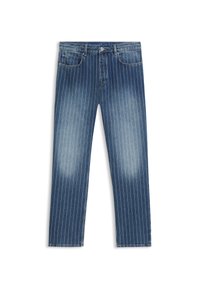 Vaqueros de denim con un patrón de rayas, color azul medio, secciones deslavadas, corte recto, cinco bolsillos y cierre de botón metálico.