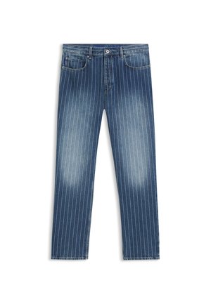 Jeans i denim med ett randigt mönster, medelblå färg, bleka sektioner, rak benstil, fem fickor och knapp av metall.