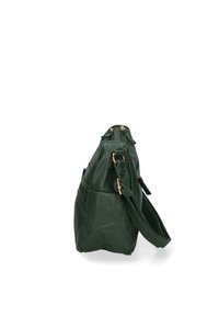 Borsa in pelle verde con texture vista di lato, dotata di hardware dorato, tracolla staccabile e molteplici scomparti con zip.