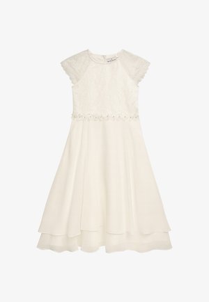 Weißes Kleid mit Spitzenoberteil, Schmetterlingsärmeln und perlenverziertem Taillenband. Fließender Rock mit geschichtetem Saum für mehr Struktur.