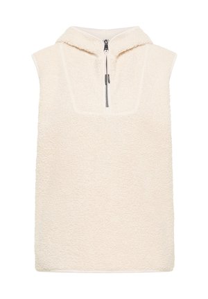 Roomkleurige mouwloze pullover gemaakt van pluizige stof, met een voorpand met halve ritssluiting en een capuchon. Nette textuur met een gestructureerde halslijn.