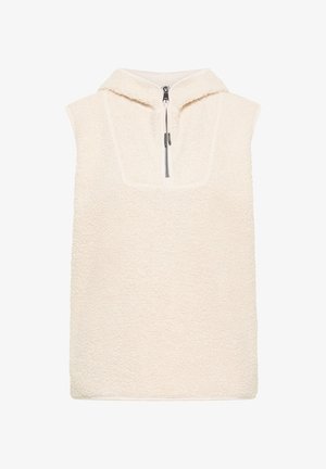 Roomkleurige mouwloze pullover gemaakt van pluizige stof, met een voorpand met halve ritssluiting en een capuchon. Nette textuur met een gestructureerde halslijn.