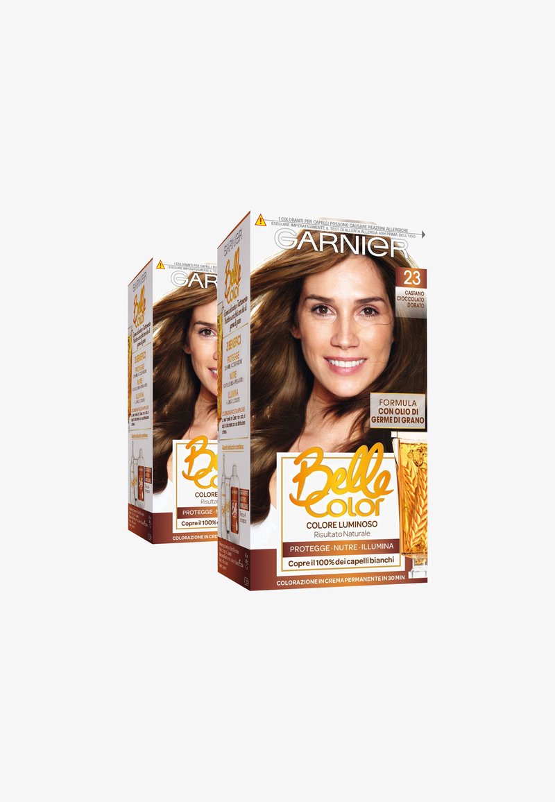 Due scatole di tinta per capelli Garnier Belle Color che mostrano una donna sorridente con capelli castano lucenti, tonalità colore 23.