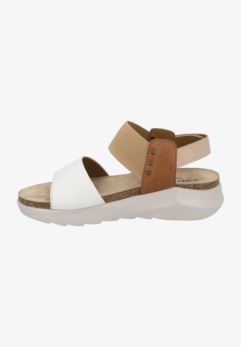 Sandales blanches et beiges avec des sangles élastiques, une semelle intérieure rembourrée et une semelle extérieure en caoutchouc texturé marron. Présentent une empeigne en cuir lisse et en synthétique.