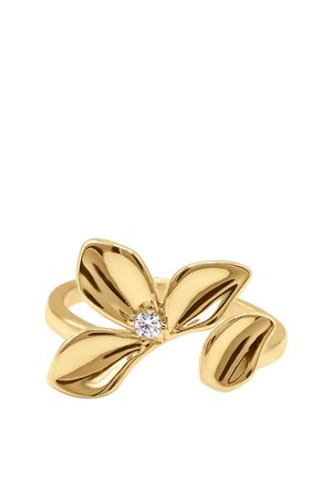 Goldener offener Ring mit einem Blumendesign, das vier glatte Blütenblätter und einen kleinen runden klaren Edelstein in der Mitte zeigt.