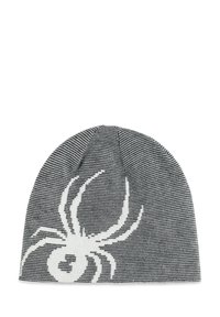 Bonnet tricoté noir et blanc avec un motif d'araignée. Il a une couronne ronde et un motif texturé sur l'ensemble du tissu.