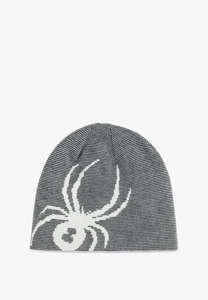 Schwarz-weiße gestrickte Mütze mit einem Spinnennetz-Motiv. Sie hat eine runde Krone und ein strukturiertes Muster im gesamten Stoff.