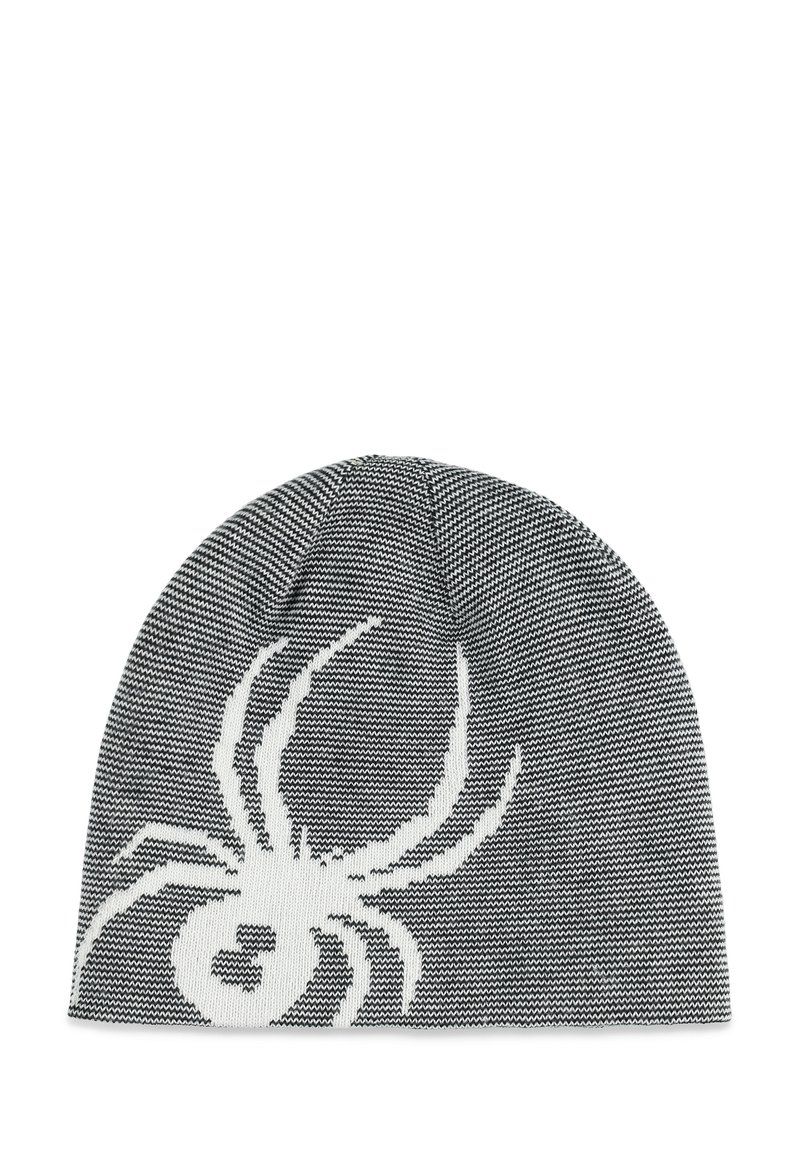 Bonnet tricoté noir et blanc avec un motif d'araignée. Il a une couronne ronde et un motif texturé sur l'ensemble du tissu.