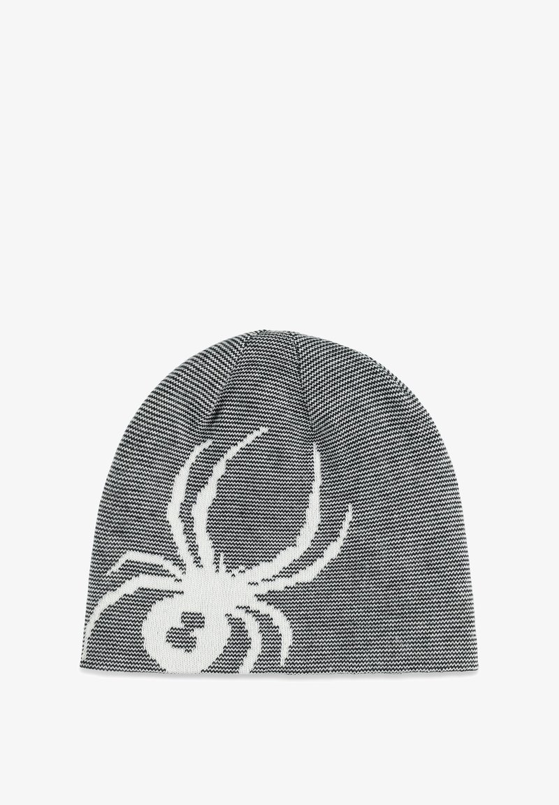 Bonnet tricoté noir et blanc avec un motif d'araignée. Il a une couronne ronde et un motif texturé sur l'ensemble du tissu.