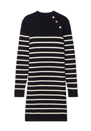 Gestreepte sweaterjurk in marineblauw en crème. Heeft een hoge halslijn en drie knoopaccenten op de schouder. Ontwerp met lange mouwen.