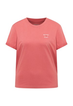 Rosa Damen-T-Shirt mit kurzen Ärmeln, umgeschlagenen Bündchen und kleinem weißen "Mustang Jeans"-Logo auf der linken Brust.