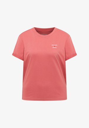 Rosa Damen-T-Shirt mit kurzen Ärmeln, umgeschlagenen Bündchen und kleinem weißen "Mustang Jeans"-Logo auf der linken Brust.