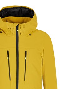 Giacca impermeabile gialla con interno nero, dotata di zip frontale, due tasche anteriori e dettagli di ventilazione perforati sul cappuccio.