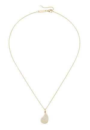 Delicate gold chain necklace with a teardrop-shaped pendant encrusted with small clear crystals, featuring a lobster clasp closure.