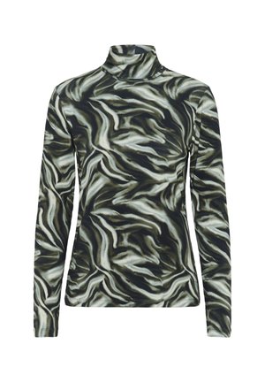 Ilgās piedurknes turtleneck tops ar daudzkrāsainu vijīgu rakstu melnā, pelēkā un krēmkrāsā, ar gludu, mīkstu tekstūru.