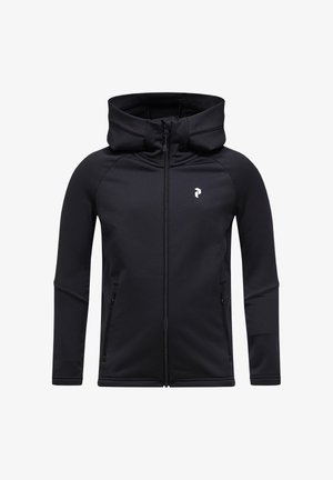 Schwarze Zip-Hoodie mit hohem Kragen, aus weichem Material gefertigt. Verfügt über zwei Seitentaschen und ein Logo auf der linken Brust.