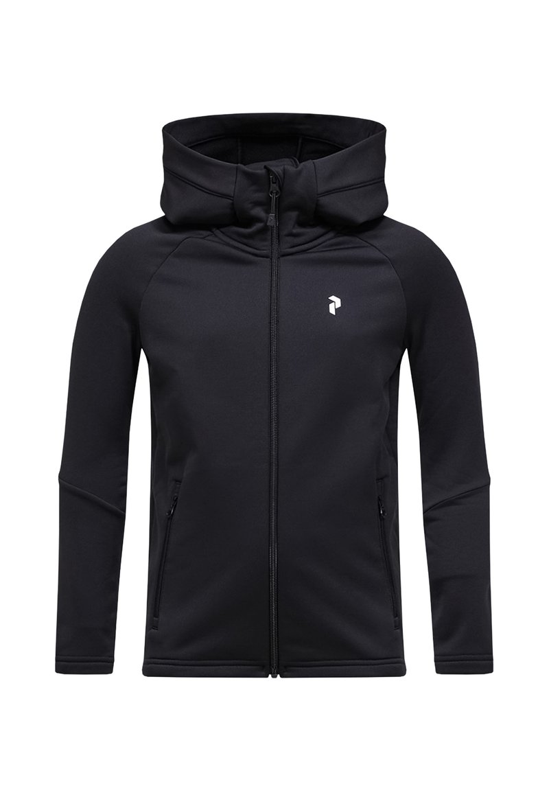 Schwarze Zip-Hoodie mit hohem Kragen, aus weichem Material gefertigt. Verfügt über zwei Seitentaschen und ein Logo auf der linken Brust.